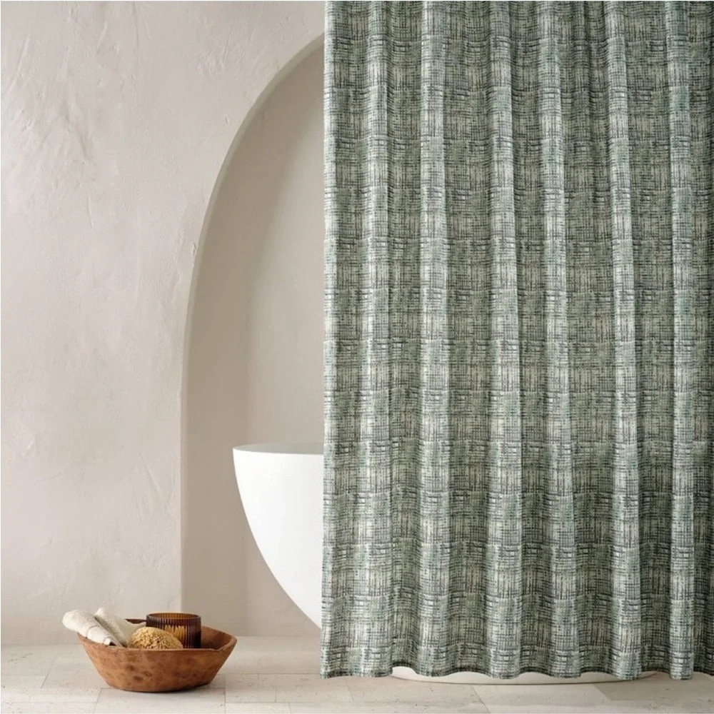 CASALUNA NWT linen cool washed printed plaid shower curtain
